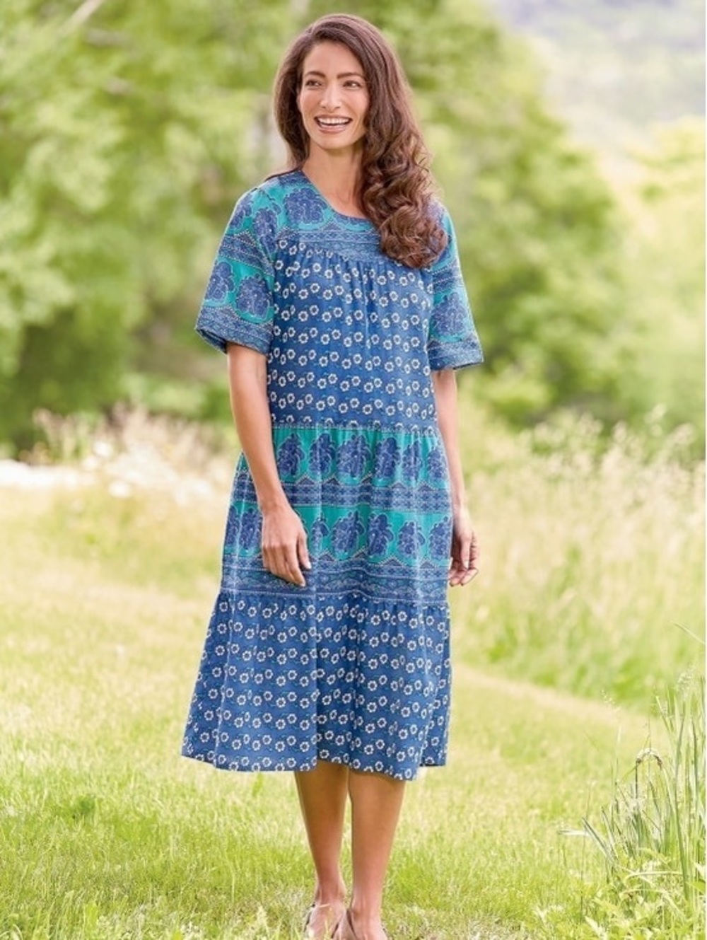 Vermont Country Store Mid-Calf Tiered Cotton Muumuu Blue Green Floral Size 1X